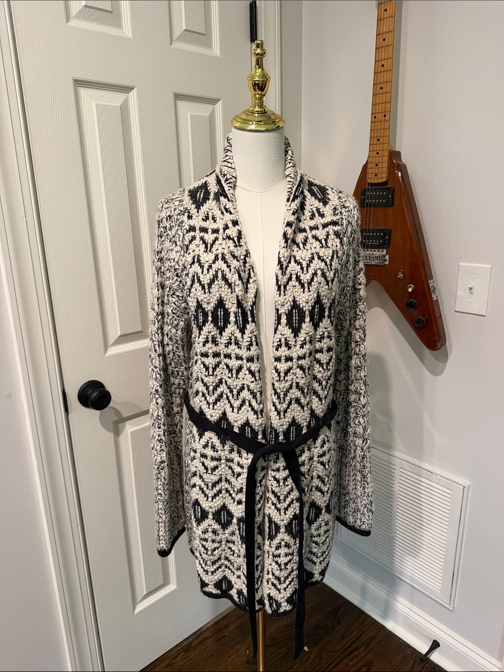 Calvin Klein Jeans Black and White Geometric Belted Cardigan